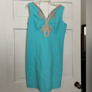 Lilly Pulitzer sleeveless sheath dress, aqua and gold size 14